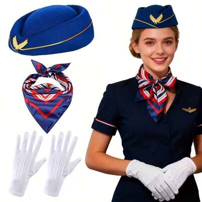 3 Pieces Per Set. Air Hostess Outfit Accessory Set, Including Air Hostess Hat, Scarf And Gloves. Elegant Outfit Accessories - Suitable For Aviation-Themed Parties, Role-Playing, Costume Parties, And Stage Performance Props.