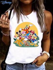 Disney 1件女士休闲米奇和朋友卡通印花背心，时尚圆领弹力无袖上衣，适合日常穿着，易护理面料 - 白色 - 查看 3