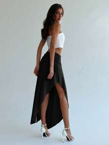 Falda midi mujer estilo elegante, corte asimétrico, versátil, nueva colección primavera-verano - Negro - Ver 5