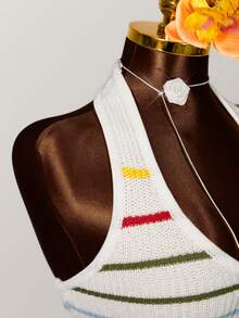 1pc Contrast Stripe Knit Ribbed Halter Neck Sweater Vest, Suitable For Beach, Evening Date, Vacation, Everyday Wear, Spring/Summer - Multicolor - View 9