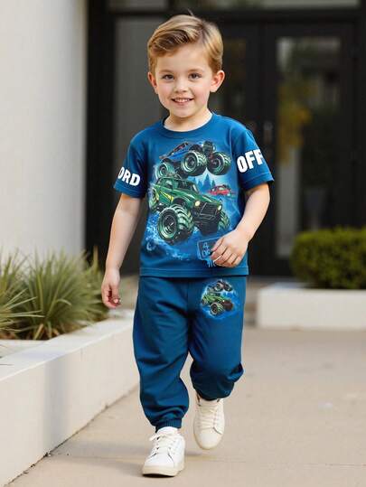 2pcs/Set Toddler Boys' Casual Short Sleeve T-Shirt With Letter & Off-Road Vehicle Print, And Jogger Pants Street Sports Outfit, Summer