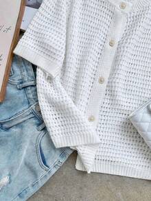 Áo khoác cardigan dệt kim tay ngắn cổ tròn mới mùa hè của FOR BEAUTY, áo nữ dáng rộng khoét lỗ mỏng cài nút màu trắng, kiểu dáng thường ngày đa năng, phù hợp cho đi mua sắm, dạo phố, dã ngoại, lễ tốt nghiệp, tiệc tùng mùa xuân. - trắng - Xem 8