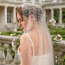 1pc Handmade Beaded Faux Pearl Bridal Veil With Trailing, Wedding Ceremony Accessory - Multicolor - View 11