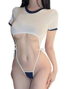 Ladies Sexy V Neck Fun Nightdress Underwear Anime Lingerie Cosplay Bodysuit Tie Top Set - 白色 - 查看 1