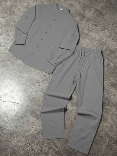 1 Conjunto de ropa básica holgada y ligera para hombre, camisa de manga larga con botones y cuello, color azul claro + pantalones rectos, para verano