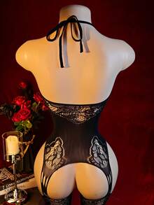 Semi-Sheer Jumpsuit With Spaghetti Straps, Sexy Spaghetti Strap Neckline With Delicate Knitted Lace Print Details - Black - View 3