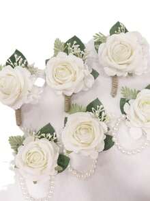 3pcs Wrist Corsage, Bridesmaid Wrist Flower, Faux Rose Wrist Corsage, Wedding Party Decoration - White - View 2