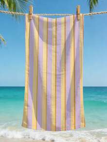 1pc Refreshing Purple & Yellow Striped Beach Towel, Soft Contrast Color Quick-Dry Bath Towel, Portable Beach Wrap For Vacation & Pool Photo Shoot - Multicolor - View 11