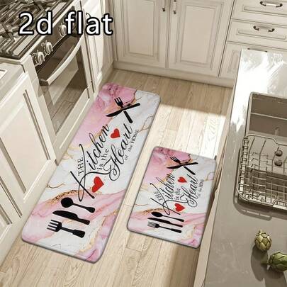 1 pieza/2 piezas/3 piezas Alfombra de cocina absorbente con estampado de cubiertos en forma de corazón rosa, alfombra de pie de cocina de alta gama impresa, suave y cómoda, que absorbe la humedad y es antideslizante, duradera y resistente a las manchas, adecuada para baño, cocina, sala de estar, dormitorio y decoración de entrada
