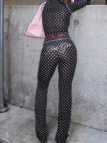 Women's Casual Graphic Print "Girl" Zip-Up Hoodie And Pants Set, Street Style Sporty Long Sleeve 2-Piece Outfit, Suitable For Party And Gathering Wear, Autumn - 黑色波點 - 查看 3