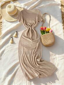 Spring And Summer Women's Elegant Dresses, Casual Knitted Short Sleeved Skirts, Hollowed Out Vacation Beach Dresses Suitable For Evening Beach Wear - 卡其色 - 查看 6