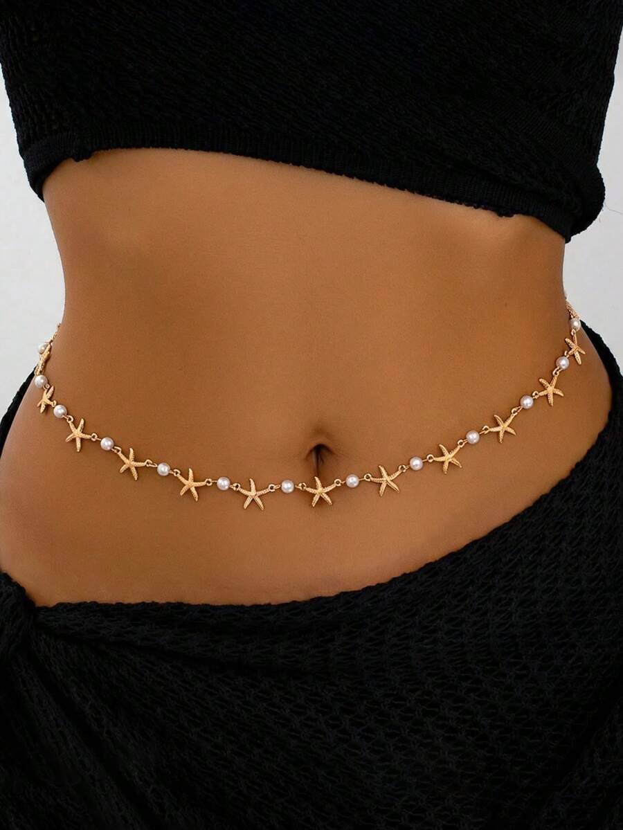 1 chiếc dây đeo eo hình sao biển nhân tạo phong cách Bohemian, dây đeo eo đính ngọc trai giả, trang sức cơ thể bằng kim loại gợi cảm, thích hợp cho phụ nữ đi biển, du lịch. - Nhiều màu - Xem 1