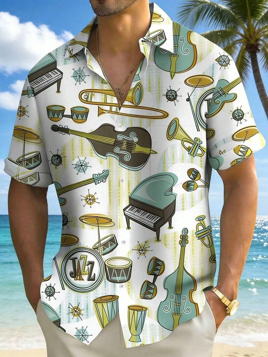 Vivid Jazz Instrument Pattern Symbolizing Rhythm Freedom And Artistic Energy With Guitars Drums Pianos And Trumpets Reflecting The Spirit Of Music 3D Print Men's Casual Short Sleeve Shirt Beach Style - trắng - Xem 1