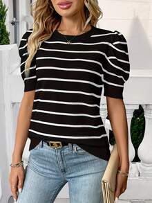 Summer Outfits For Women Casual Color Block Stripe Crew Neck Petal Sleeve Knitted Short Sleeve Top Black - Black - View 3