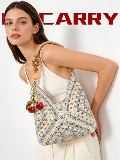 Túi cói mùa hè thanh lịch dành cho nữ, túi đi biển màu xanh nhạt phong cách thường ngày, thiết kế rỗng, túi đeo vai thoải mái với mặt dây chuyền hình quả anh đào, phù hợp cho sinh viên, thích hợp cho mua sắm, hẹn hò, kỳ nghỉ, tiệc tùng, du lịch, túi xách mua sắm tinh tế và nhẹ nhàng.