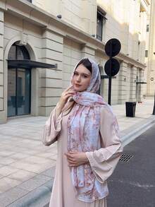 1件装女士印花金箔透气头巾，优雅女士印花编织花卉披肩，日常装饰围巾，沙滩，假日 - 粉色 - 查看 9