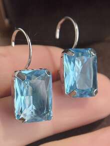 Fashionable & Elegant Aquamarine Cubic Zirconia Square Transparent Pendant Earrings, Suitable For Daily Wear, Holidays, And Most Occasions, Great For Women And Girls - Baby Blue - View 2