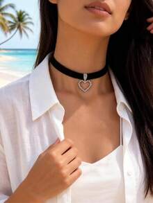 imoli Rhinestone Heart Charm Choker Valentines,Mom,Mother,Mother's Day,Gift - Silver - View 2