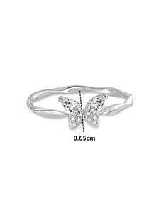 Flyleaf 1pc Luxury 925 Sterling Silver Plated White Gold Twisted Butterfly Ring, Suitable For Daily Wear, Premium Jewelry Gift - Silver - View 6