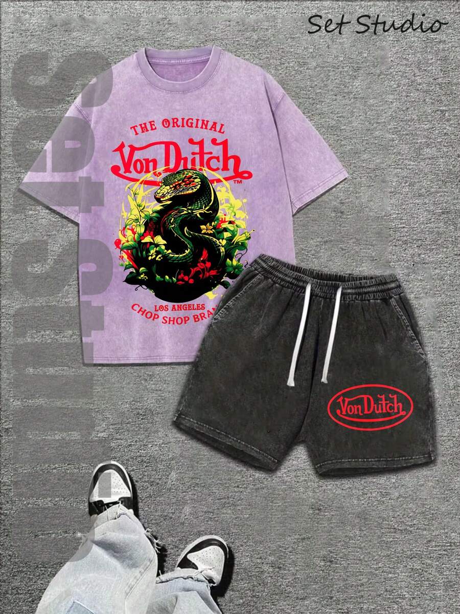 Mens Creative T-Shirt And Shorts Set American Vintage Full Print Street Wear Essential T-Shirt Set Men Graphic T-Shirt And Shorts Set With Dragon And Von Dutchs Logo Print Washed Look For Casual Outfits And Urban Style - 紫色和黑色 - 查看 1