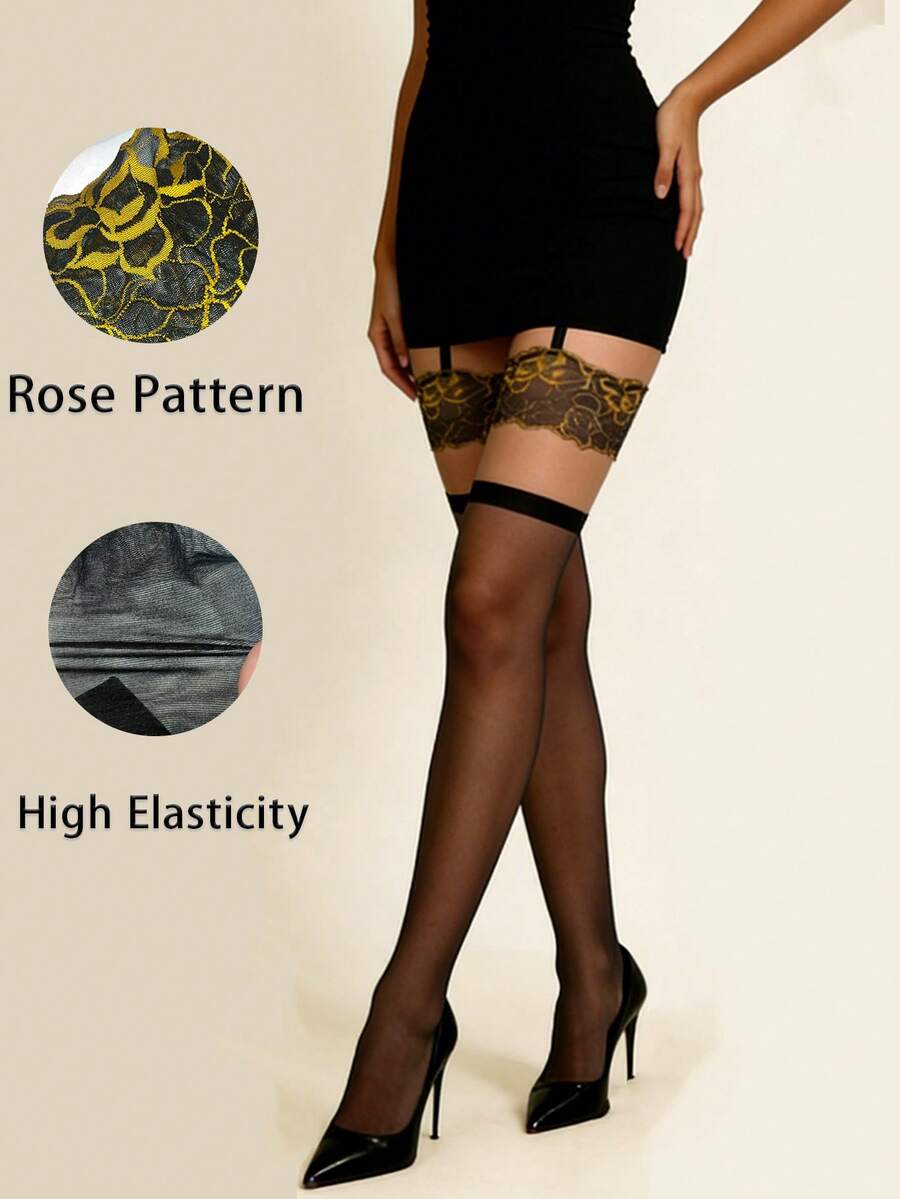 1 pezzo Calze nere trasparenti fino alla coscia con decorazione in pizzo rosa dorato, con giarrettiera, stile vintage glamour, perfette per serate e occasioni speciali - Multicolore - Visualizzare 1