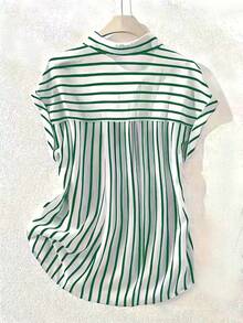 Summer Fashion Striped Single-Breasted Drop Shoulder Short Sleeve Shirt, Polyester Contrast Color Front Button Closure, Short Front Long Back Design - Green Stripes - View 5