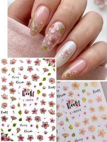 4pcs Vivid Red & Pink Rose Nail Art Stickers - Gold Red Rose & Cherry Blossom English Love Heart Nail Decals, Suitable For Spring, Valentine's Day, Wedding, Date, DIY Nail Decoration, Y2K - Multicolor - View 4