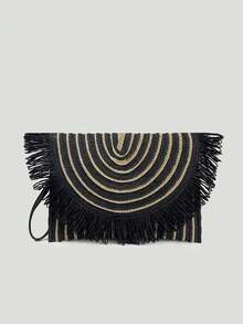 BAILEE 这款时尚休闲的波西米亚风黑色纸编手提包，采用独特的黑金撞色设计，配有可拆卸肩带。包包可容纳手机、钱包及其他物品。这款带有流苏装饰的包包，是海滨度假的理想之选，可手提、单肩背或手提。非常适合户外度假、海滩之旅、观光、购物和日常通勤。也是馈赠亲朋好友的绝佳礼物。 - 彩色 - 查看 6