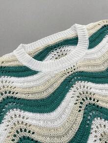 Bộ đồ nữ mùa xuân kiểu Âu Mỹ gồm áo tay ngắn và quần short dệt kim khoét lỗ, thích hợp cho kỳ nghỉ. - Nhiều màu - Xem 9