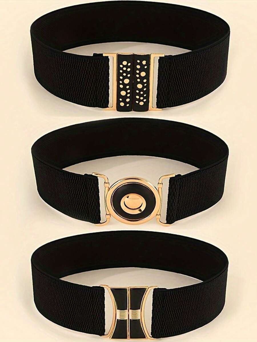 3pcs Women's Fashion Elegant Minimalist Elastic Waist Belt, Dress Trench Coat Matching Waistband, Elastic Band With Buckle - Multicolor - View 1
