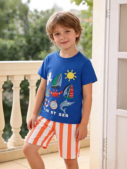 Set 2 buc. copii, top cu mânecă scurtă și pantaloni scurți cu imprimeu de desene animate și ocean, ținută la modă pentru primăvară/vară