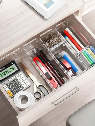 Bộ sắp xếp ngăn kéo 4/8/25 món, khay chia ngăn kéo bàn làm việc, khay đựng mỹ phẩm trang điểm đa năng bằng nhựa trong suốt 4 kích cỡ dùng trong phòng tắm, đựng trang sức, dụng cụ nhà bếp và phụ kiện văn phòng.