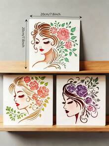 4pcs Flower Girl Hollow Painting Template DIY For Fabric, Glass, Paper, Wood Creative Spray Painting Printing Tool, Reusable Plastic Material - Flower-wearing Girl - View 3