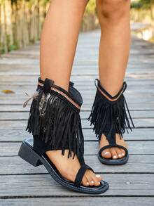Sandal đế dày kiểu La Mã năm 2026 với quai chữ T đính lông vũ và tua rua phong cách Bohemian, thích hợp cho lễ hội âm nhạc và kỳ nghỉ. - màu đen - Xem 3