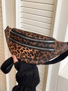 1pc Leopard Print Waist Bag, PU Material, Unisex, Adjustable Leopard Print Crossbody Fanny Pack, Multi-Zipper Design, Suitable For Fitness, Travel, Daily Use, Portable Phone, Small Interior, Cycling, Outdoor Sports - Multicolor - View 2
