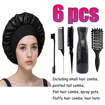 6 Peças Conjunto de Ferramentas para Penteado, Incluindo Pente Pequeno, Pente de Cauda, Pente Reto, Borrifador, Escova Volumizadora, Touca de Cabelo (Para Penteado da Linha do Cabelo e Nuca), Adequado para Penteados Lisos de Mulheres