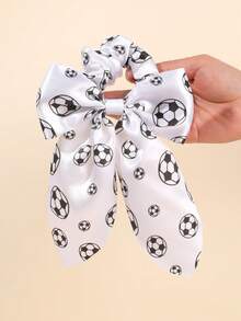 1pc Football Print Hair Scrunchie, Women's Black & White Satin Alligator Clip World Cup Cheer Hair Accessory, Sports Style Hair Tie Travel Accessories Ponytail Holders Hair Elastics Hair Rubber Bands Hair Rope Elastic Hair Tie - Black and White - View 3