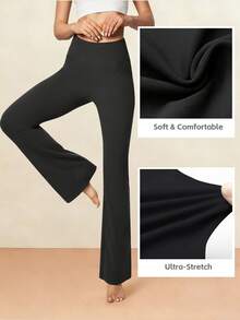 2-Pack Women's High Waist Solid Black Gray Red Flared Leggings With Side Pockets, Tummy Control Yoga Pants For Fitness, Running, Workout, Casual Daily Wear, Comfy Stretch Sport Pants - 2PCS(Black) - 查看 4