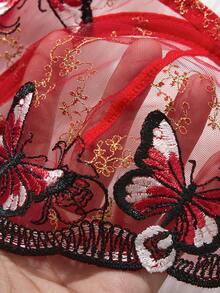 女士两件套红色蝴蝶刺绣薄纱网眼钢圈文胸和丁字裤内衣套装 - 紅色 - 查看 6