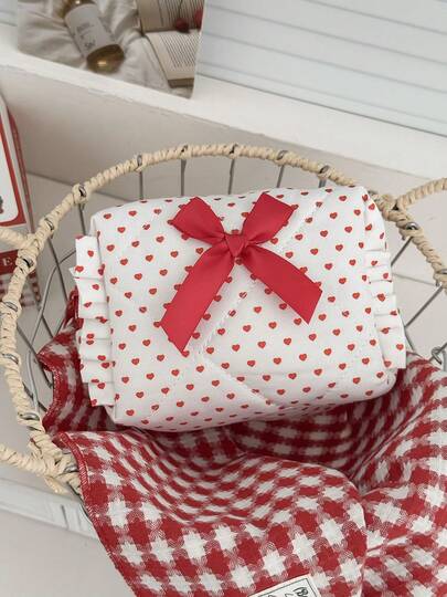 Túi đựng mỹ phẩm kiểu Nhật dễ thương in hình trái tim và nơ, có khóa kéo, dùng để đựng đồ nhỏ, hàng ngày hoặc khi đi du lịch, túi đựng mỹ phẩm thời trang, ví đựng tiền xu cần thiết cho phụ nữ.