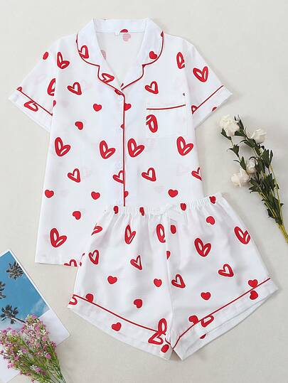 爱心印花女士泡泡褶皱短袖短裤睡衣套装