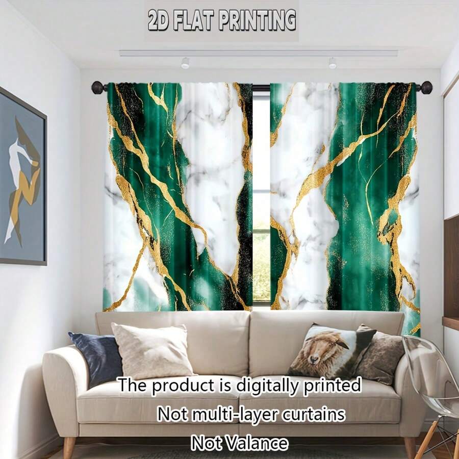 Set Of 2, Unique Green Marble Digital Print Curtains Made Of Durable Polyester (Does Not Include Rod, No Movement, No Battery) Suitable For Decorating Living Rooms, Bedrooms, Kitchens, And Dining Areas, Window Curtain Panels For Bedroom Living Room Home Decor - 2pcs - Xem 1