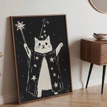 1pc Wizard Cat Wall Art Picture Vintage Linocut Style Magic Cat Canvas Print Paintings|Black And White Celestial Witchy Cat Decor For Bedroom,Living Room Or Office Home Decor,Mystical Astrology Animal Poster,Unique Gift For Her,Unframed,Wooden Hanger Frame Or Framed - Pattern - View 1