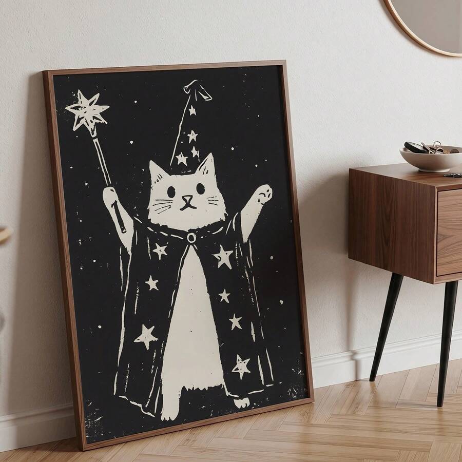 1pc Wizard Cat Wall Art Picture Vintage Linocut Style Magic Cat Canvas Print Paintings|Black And White Celestial Witchy Cat Decor For Bedroom,Living Room Or Office Home Decor,Mystical Astrology Animal Poster,Unique Gift For Her,Unframed,Wooden Hanger Frame Or Framed - Pattern - View 1