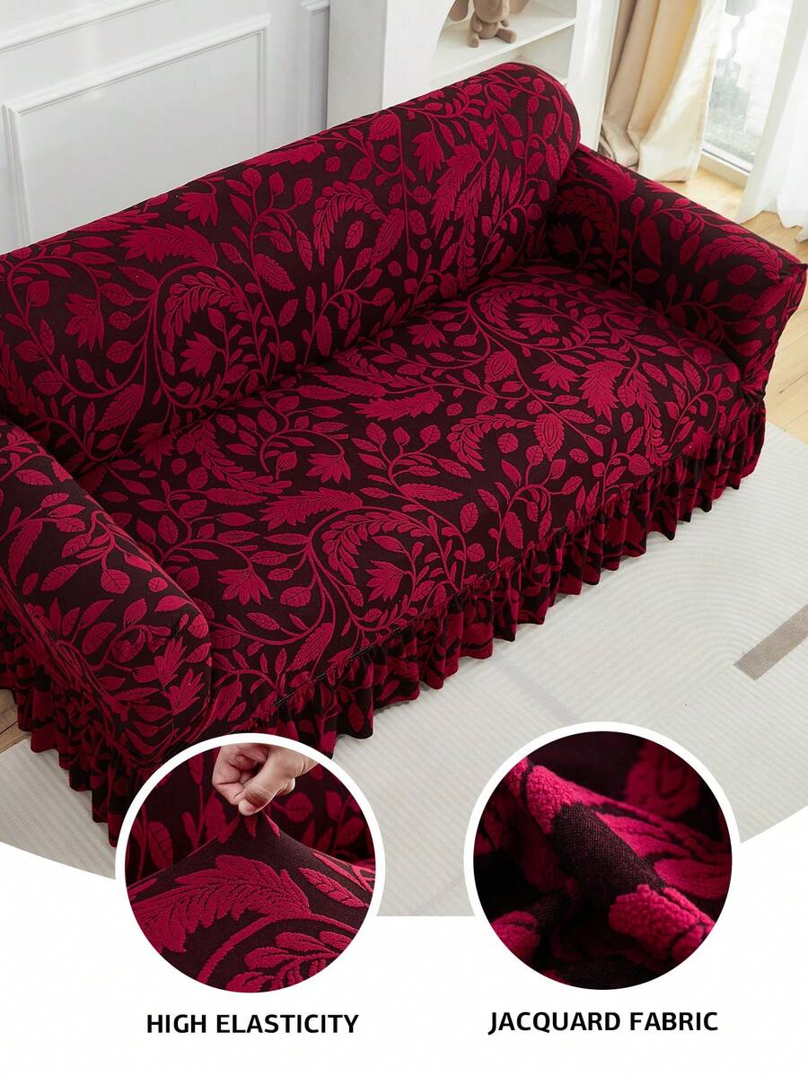 1 pieza Funda elástica para sofá con estampado floral jacquard, a prueba de polvo y resistente a la suciedad, protector de sofá de cobertura completa y elástica, decoración del hogar, lavable a máquina, funda de almohada no incluida - Rosa Roja - Ver 1