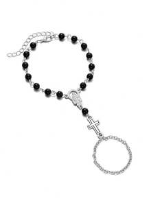 1pc Gothic Style Metal Chain Cross & Acrylic Rosary Knuckle Bracelet, Religious Jewelry Suitable For Daily Wear, Gatherings And Parties - Multicolor - View 5