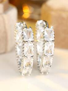 1 Pair Of Elegant Baguette Cut Cubic Zirconia Hoop Earrings Silver-Tone Huggie Style Sparkling Statement Jewelry Gift For Women - Silver - View 2