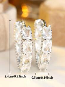 1 Pair Of Elegant Baguette Cut Cubic Zirconia Hoop Earrings Silver-Tone Huggie Style Sparkling Statement Jewelry Gift For Women - Silver - View 5