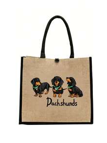 Yellow Linen Dachshund Pattern Tote Bag - Multifunctional Large Capacity Handbag And Wallet Set, Including Small Wallet - Multicolor - View 12