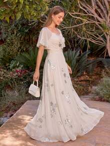 UNITHORSE Women's Sweetheart Neck Ruffle Sleeve Pleated Bust Fitted Chiffon Evening Dress - Apricot - View 2